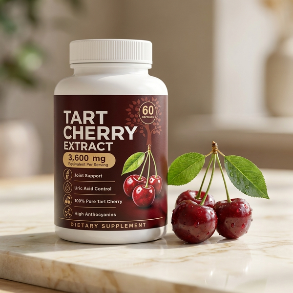 Ravea bottle on cream marble beside fresh tart cherries