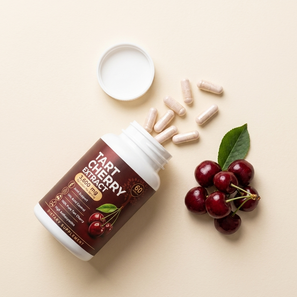 Flat lay of Ravea capsules spilling from the bottle beside tart cherries